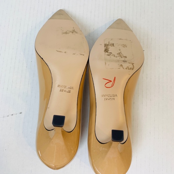 Stuart Weitzman Kitten Pump Size 5M Nude/Tan Patent Leather Made In Spain Classy - Picture 10 of 11